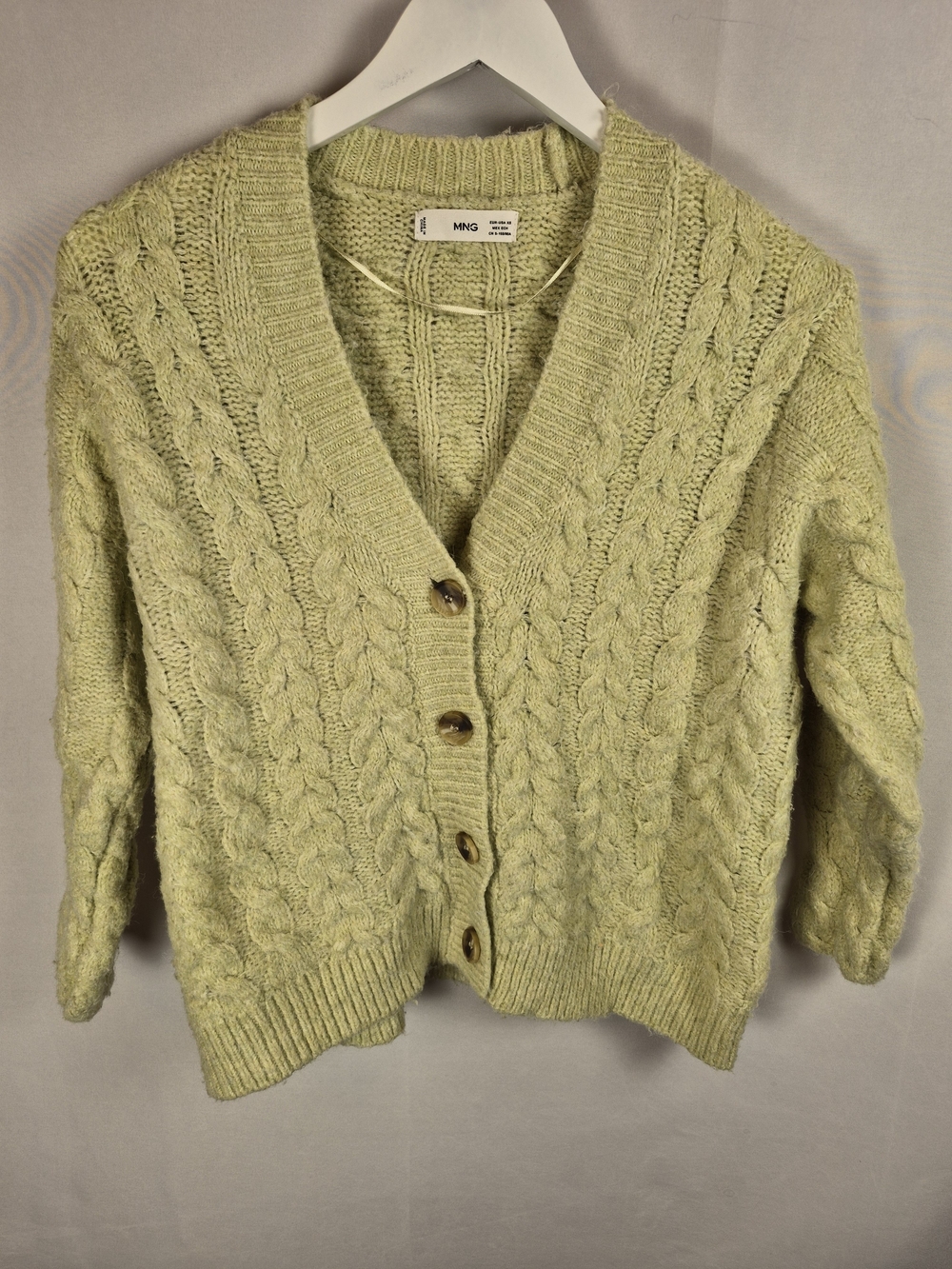 Mango Light Green Cable-Knit V-Neck Cardigan Size XS